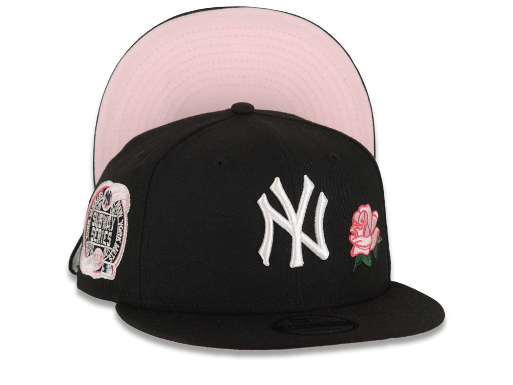 New York Yankees New Era MLB 9FIFTY 950 Snapback Cap Hat Black Crown/Visor White Logo With Rose 2000 Subway Series Side Patch Pink UV