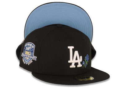 Los Angeles Dodgers New Era MLB 59FIFTY 5950 Fitted Cap Hat Black Crown/Visor White Logo With Rose 50th Anniversary Side Patch Sky Blue UV