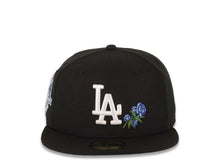 Load image into Gallery viewer, Los Angeles Dodgers New Era MLB 59FIFTY 5950 Fitted Cap Hat Black Crown/Visor White Logo With Rose 50th Anniversary Side Patch Sky Blue UV
