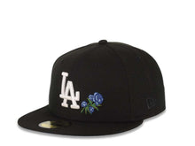 Load image into Gallery viewer, Los Angeles Dodgers New Era MLB 59FIFTY 5950 Fitted Cap Hat Black Crown/Visor White Logo With Rose 50th Anniversary Side Patch Sky Blue UV
