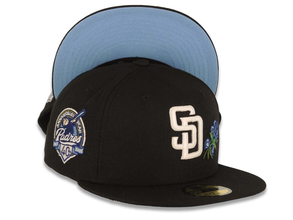 San Diego Padres New Era MLB 59FIFTY 5950 Fitted Cap Hat Black Crown/Visor White Logo With Rose 40th Anniversary Side Patch Sky Blue UV
