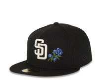 Load image into Gallery viewer, San Diego Padres New Era MLB 59FIFTY 5950 Fitted Cap Hat Black Crown/Visor White Logo With Rose 40th Anniversary Side Patch Sky Blue UV
