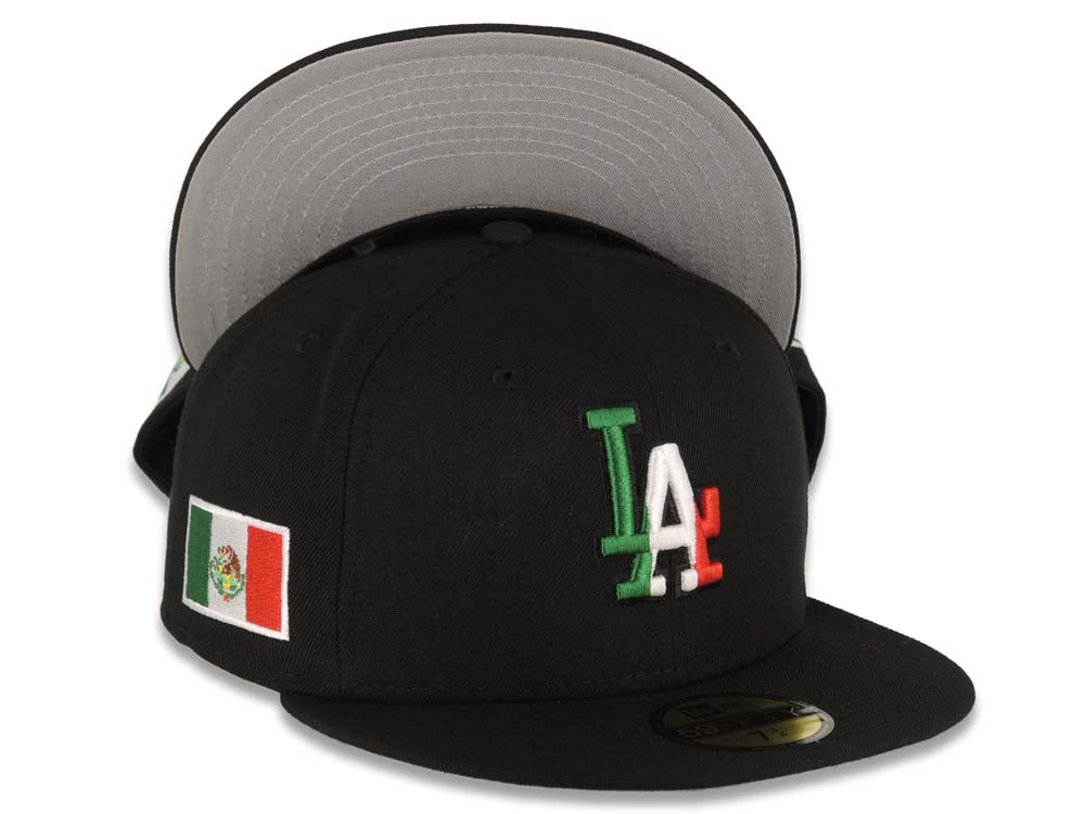 Los Angeles Dodgers New Era MLB 59FIFTY 5950 Fitted Cap Hat Black Crown/Visor Green/White/Red Logo Mexico Flag Side Patch Gray UV