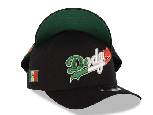 Los Angeles Dodgers New Era MLB 9FORTY 940 A-Frame Adjustable Cap Hat Black Crown/Visor Green/White/Yellow Script/Text Logo Mexico Flag Side Patch