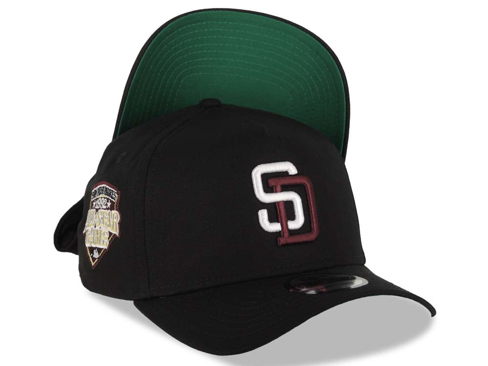 San Diego Padres New Era MLB 9FORTY 940 Adjustable A-Frame Cap Hat Black Crown/Visor White/Maroon Logo 1992 All-Star Game Side Patch Green UV