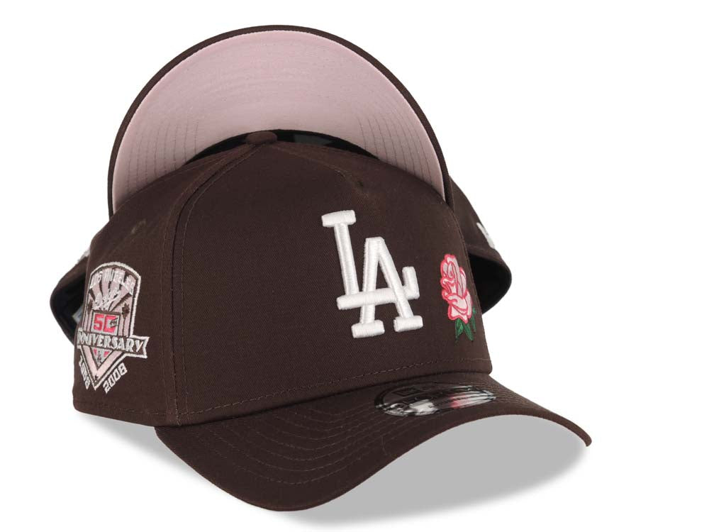 Los Angeles Dodgers New Era MLB 9FORTY 940 Adjustable A-Frame Cap Hat Dark Brown Crown/Visor White Logo With Rose 50th Anniversary Side Patch Pink UV