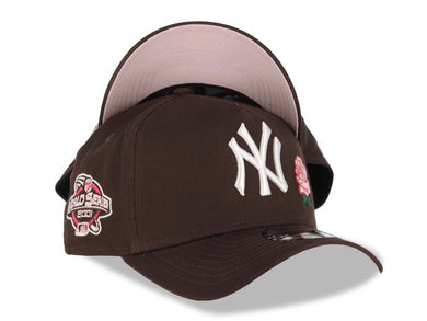 New York Yankees New Era MLB 9FORTY 940 A-Frame Adjustable Cap Hat Dark Brown Crown/Visor White Logo With Rose 2001 World Series Side Patch Pink UV