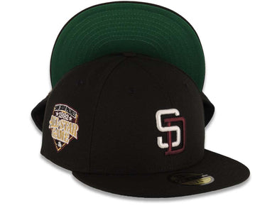 (Youth) San Diego Padres New Era MLB 59FIFTY 5950 Kid Fitted Cap Hat Black Crown/Visor White/Maroon Logo 1992 All-Star Game Side Patch Green UV