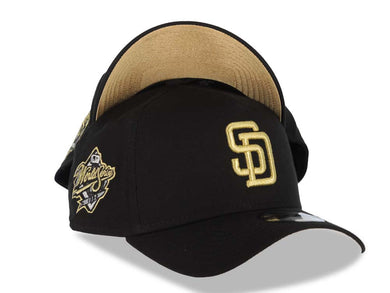 San Diego Padres New Era MLB 9FORTY 940 A-Frame Adjustable Cap Hat Black Crown/Visor Metallic Gold Logo 1998 World Series Side Patch Metallic Gold UV