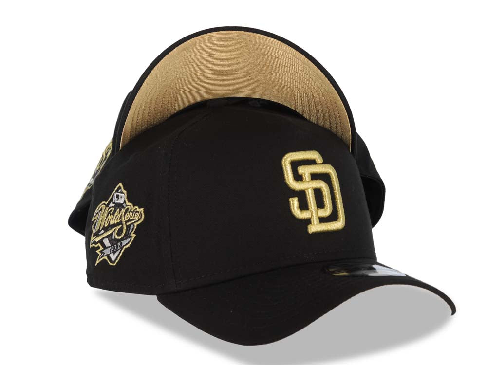 San Diego Padres New Era MLB 9FORTY 940 A-Frame Adjustable Cap Hat Black Crown/Visor Metallic Gold Logo 1998 World Series Side Patch Metallic Gold UV