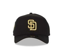 Load image into Gallery viewer, San Diego Padres New Era MLB 9FORTY 940 A-Frame Adjustable Cap Hat Black Crown/Visor Metallic Gold Logo 1998 World Series Side Patch Metallic Gold UV
