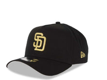Load image into Gallery viewer, San Diego Padres New Era MLB 9FORTY 940 A-Frame Adjustable Cap Hat Black Crown/Visor Metallic Gold Logo 1998 World Series Side Patch Metallic Gold UV
