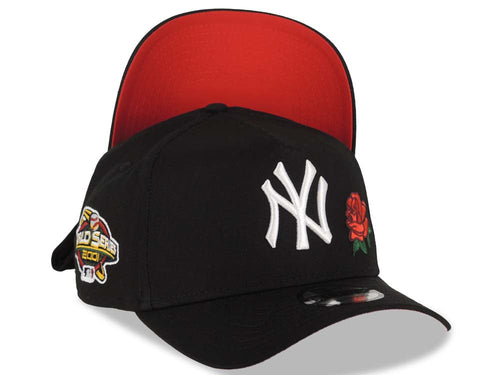 New York Yankees New Era MLB 9FORTY 940 Adjustable A-Frame Cap Hat Black Crown/Visor White Logo With Rose 2001 World Series Side Patch Red UV