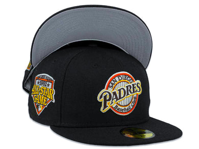 (Youth) San Diego Padres New Era MLB 59FIFTY 5950 Kid Fitted Cap Hat Black Crown/Visor Brown/Yellow Baseball Club Logo 1992 All-Star Game Side Patch