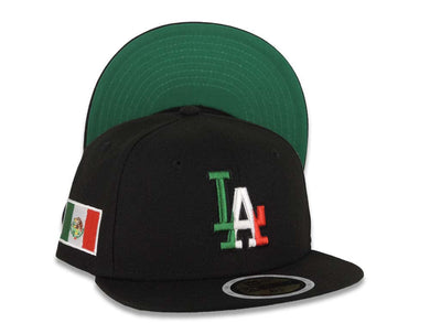 (Youth) Los Angeles Dodgers New Era MLB 59FIFTY 5950 Fitted Kid Cap Hat Black Crown/Visor Green/White/Red Logo Mexico Flag Side Patch Green UV