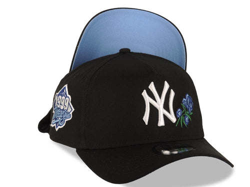 New York Yankees New Era MLB 9FORTY 940 Adjustable A-Frame Cap Hat Black Crown/Visor White Logo With Rose 1999 World Series Side Patch Sky Blue UV