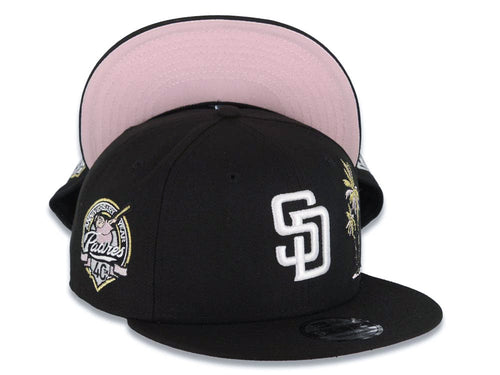 San Diego Padres New Era MLB 9FIFTY 950 Snapback Cap Hat Black Crown/Visor White Logo With Palm Tree 40th Anniversary Side Patch Pink UV