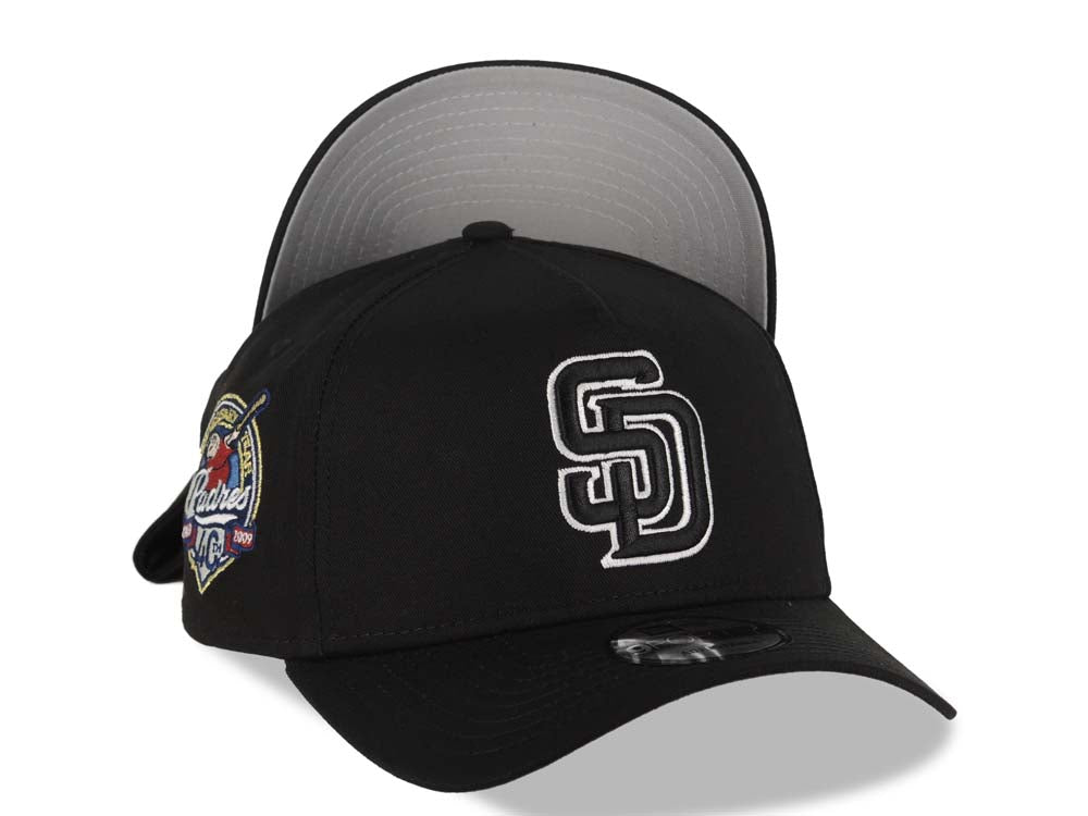 San Diego Padres New Era MLB 9FORTY 940 Adjustable A-Frame Cap Hat Black Crown/Visor Black/White Logo 40th Anniversary Side Patch Gray UV