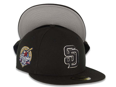 (Youth) San Diego Padres New Era MLB 59FIFTY 5950 Kid Fitted Cap Hat Black Crown/Visor Black/White Logo 40th Anniversary Side Patch Gray UV