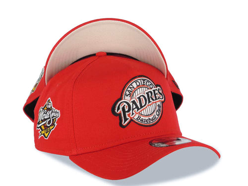 San Diego Padres New Era MLB 9FORTY 940 Adjustable A-Frame Cap Hat Red Crown/Visor Black/Metallic Red Logo 1998 World Series Side Patch Cream UV