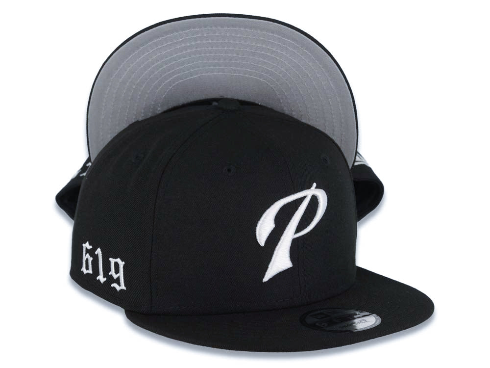 San Diego Padres New Era MLB 9FIFTY 950 Snapback Cap Hat Black Crown/Visor White Script P Logo with 619 Side Patch Gray UV