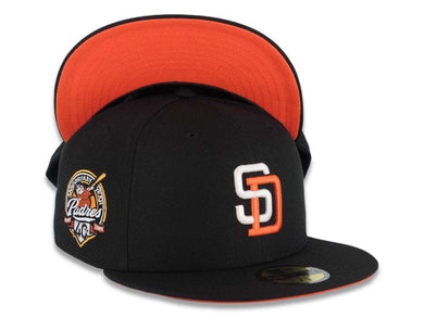 (Youth) San Diego Padres New Era MLB 59FIFTY 5950 Kid Fitted Cap Hat Black Crown/Visor White/Orange Logo 40th Anniversary Side Patch Orange UV