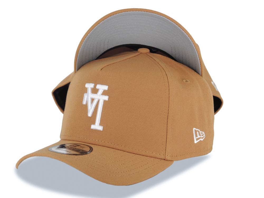 Los Angeles Dodgers New Era MLB 9FORTY 940 Adjustable A-Frame Hat Light Brown Crown/Visor White Upside Down Logo Gray UV