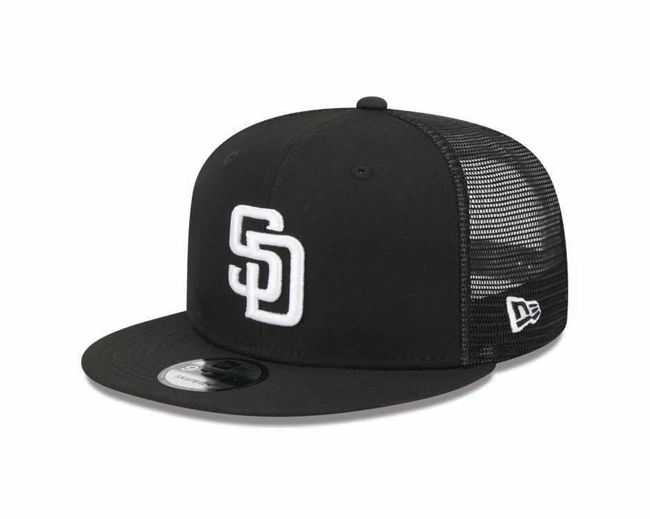 San Diego Padres New Era MLB 9FIFTY 950 Snapback Mesh Trucker Cap Hat Black Crown/Visor White Logo
