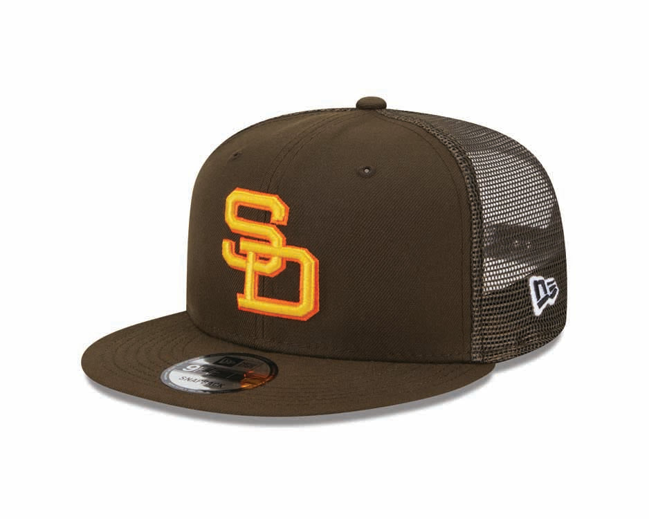 San Diego Padres New Era MLB 9FIFTY 950 Snapback Mesh Trucker Cap Hat Brown Crown/Visor Yellow/Orange Logo
