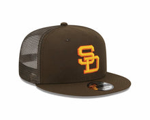 Load image into Gallery viewer, San Diego Padres New Era MLB 9FIFTY 950 Snapback Mesh Trucker Cap Hat Brown Crown/Visor Yellow/Orange Logo
