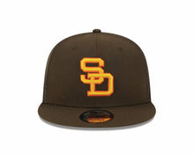 Load image into Gallery viewer, San Diego Padres New Era MLB 9FIFTY 950 Snapback Mesh Trucker Cap Hat Brown Crown/Visor Yellow/Orange Logo
