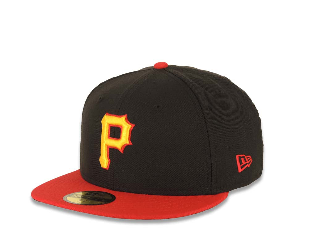 Pittsburgh Pirates New Era MLB 59FIFTY 5950 Fitted Cap Hat Black Crown Red Visor Yellow/Red Logo