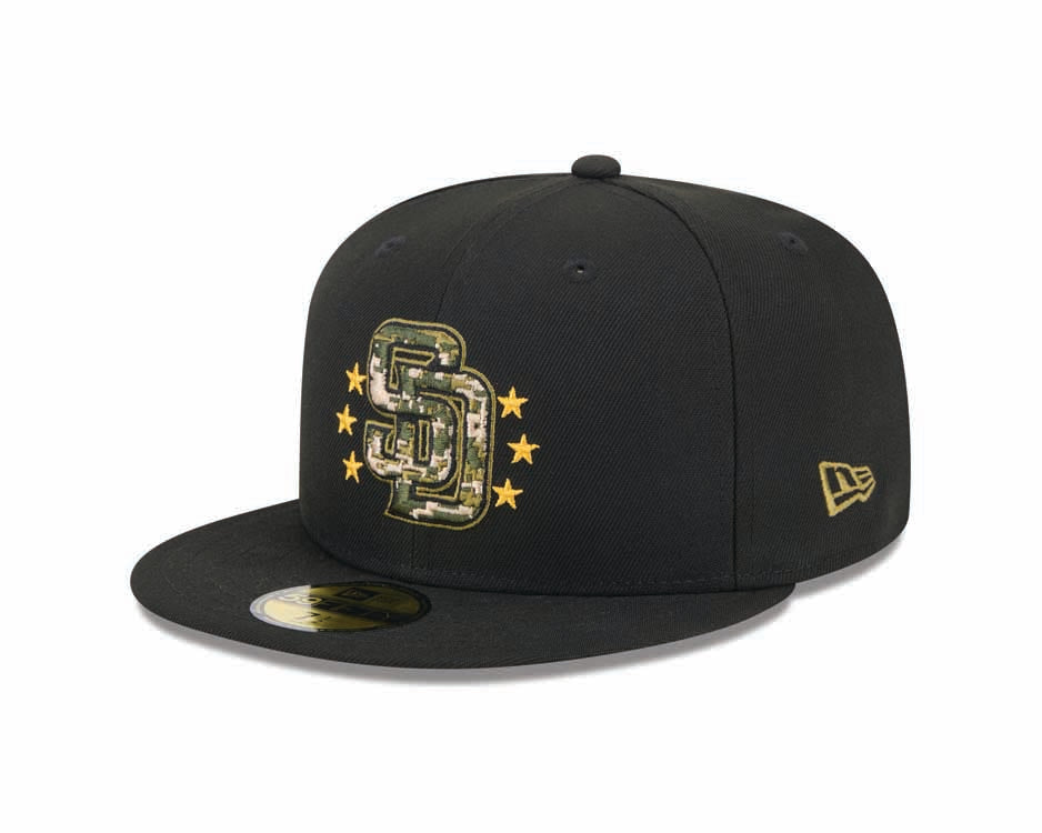 (Youth) San Diego Padres New Era MLB 59FIFTY 5950 Kid Fitted Cap Hat Black Crown/Visor Camo Logo (2024 Armed Forces Day) Olive Green UV