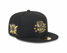 Load image into Gallery viewer, (Youth) San Diego Padres New Era MLB 59FIFTY 5950 Kid Fitted Cap Hat Black Crown/Visor Camo Logo (2024 Armed Forces Day) Olive Green UV
