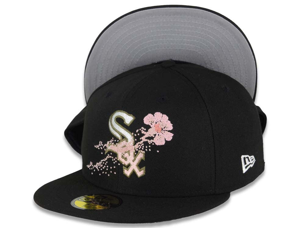 Chicago White Sox New Era MLB 59FIFTY 5950 Fitted Cap Hat Black Crown/Visor White/Olive Green/Pink Logo Dotted Floral Gray UV