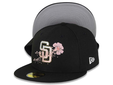 San Diego Padres New Era MLB 59FIFTY 5950 Fitted Cap Hat Black Crown/Visor White/Olive Green/Pink Logo Dotted Floral Gray UV