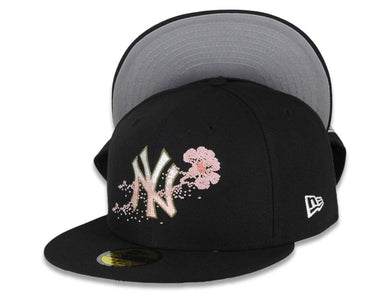 New York Yankees New Era MLB 59FIFTY 5950 Fitted Cap Hat Black Crown/Visor White/Olive Green/Pink Logo Dotted Floral Gray UV