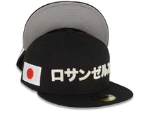 Load image into Gallery viewer, Los Angeles Dodgers New Era MLB 59FIFTY 5950 Fitted Cap Hat Black Crown/Visor Japanese White Text Logo Japan Flag Side Patch Gray UV
