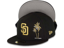 Load image into Gallery viewer, San Diego Padres New Era MLB 59FIFTY 5950 Fitted Cap Hat Black Crown/Visor Metallic Gold Logo With Palm Tree Gray UV
