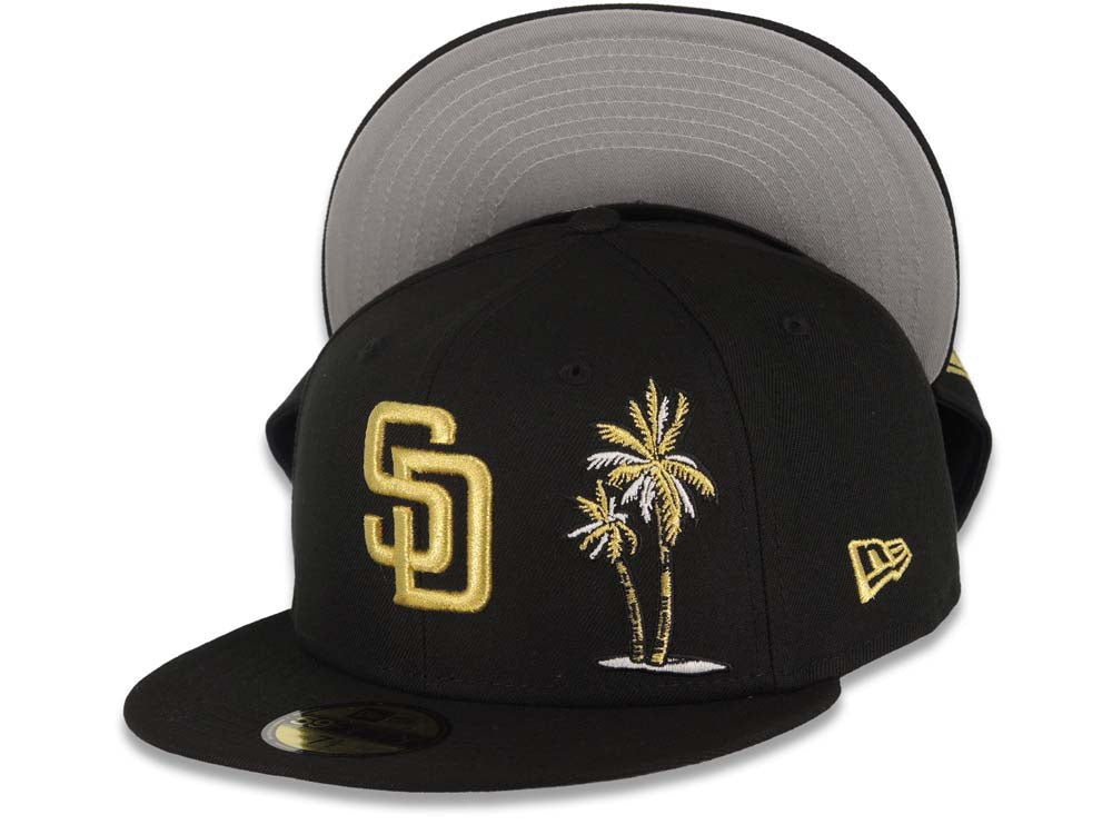 San Diego Padres New Era MLB 59FIFTY 5950 Fitted Cap Hat Black Crown/Visor Metallic Gold Logo With Palm Tree Gray UV