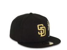 Load image into Gallery viewer, San Diego Padres New Era MLB 59FIFTY 5950 Fitted Cap Hat Black Crown/Visor Metallic Gold Logo With Palm Tree Gray UV
