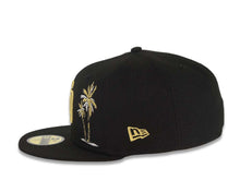 Load image into Gallery viewer, San Diego Padres New Era MLB 59FIFTY 5950 Fitted Cap Hat Black Crown/Visor Metallic Gold Logo With Palm Tree Gray UV
