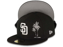 Load image into Gallery viewer, San Diego Padres New Era MLB 59FIFTY 5950 Fitted Cap Hat Black Crown/Visor White Logo With Palm Tree Gray UV
