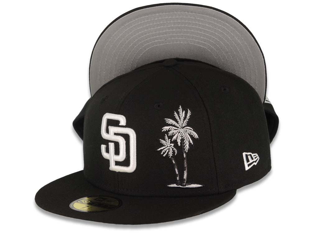 San Diego Padres New Era MLB 59FIFTY 5950 Fitted Cap Hat Black Crown/Visor White Logo With Palm Tree Gray UV