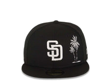 Load image into Gallery viewer, San Diego Padres New Era MLB 59FIFTY 5950 Fitted Cap Hat Black Crown/Visor White Logo With Palm Tree Gray UV
