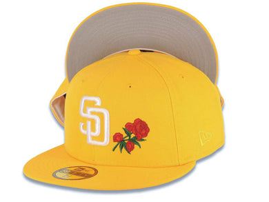 San Diego Padres New Era MLB 59FIFTY 5950 Fitted Cap Hat Yellow Crown/Visor White Logo With Rose Gray UV