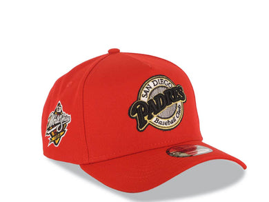 San Diego Padres New Era MLB 9FORTY 940 Adjustable A-Frame Cap Hat Red Crown/Visor Black/White/Gold Baseball Club Logo 1998 World Series Side Patch