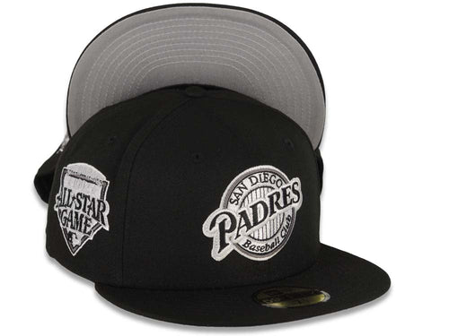 San Diego Padres New Era MLB 59FIFTY 5950 Fitted Cap Hat Black Crown/Visor Black/White Baseball Club Logo 1992 All-Star Game Side Patch Gray UV