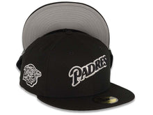 Load image into Gallery viewer, San Diego Padres New Era MLB 59FIFTY 5950 Fitted Cap Hat Black Crown/Visor Black/White Script Logo 1998 World Series Side Patch Gray UV
