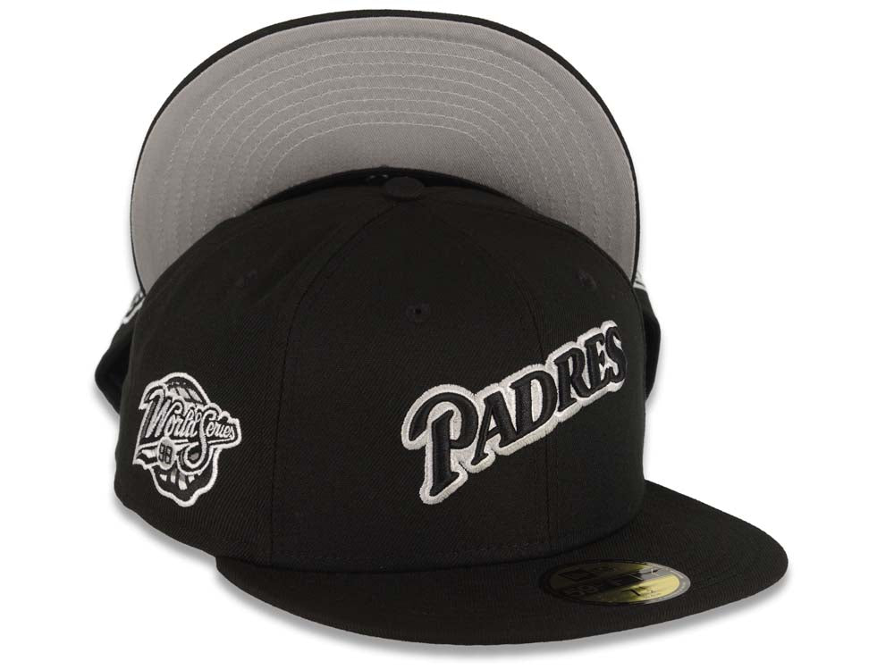 San Diego Padres New Era MLB 59FIFTY 5950 Fitted Cap Hat Black Crown/Visor Black/White Script Logo 1998 World Series Side Patch Gray UV